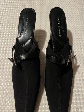 Predictions Black Fabric Square Toe Buckle Strap Mules Size 7.5
